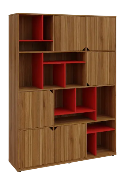 KU6-15DN P skříň vysoká 6-dvéřová, niky, 2053x1522x400 mm, provedení pravé, korpus a dvířka ořech světlý/police červená