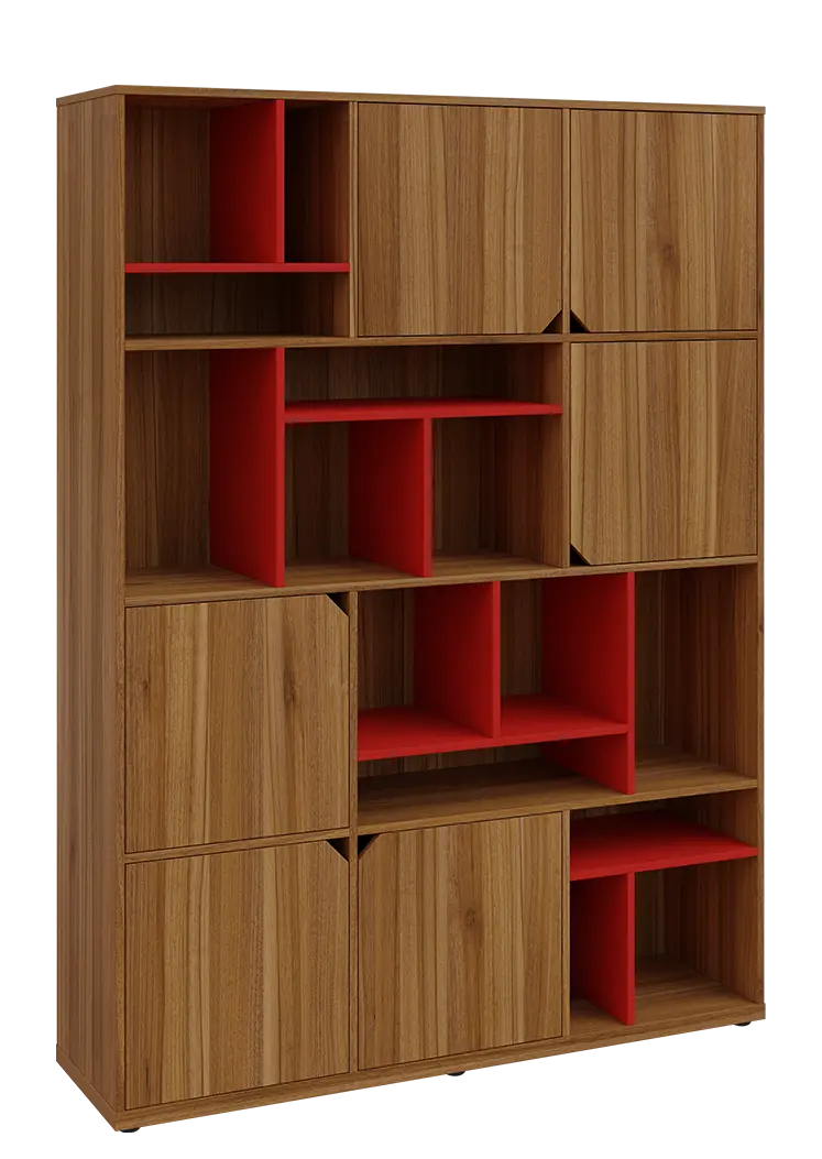 KU6-15DN P skříň vysoká 6-dvéřová, niky, 2053x1522x400 mm, provedení pravé, korpus a dvířka ořech světlý/police červená