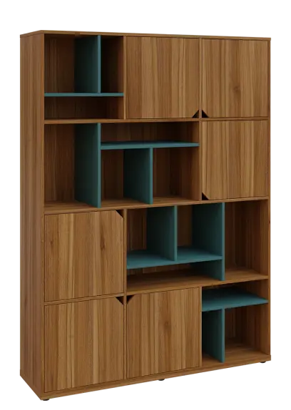 KU6-15DN P skříň vysoká 6-dvéřová, niky, 2053x1522x400 mm, provedení pravé, korpus a dvířka ořech světlý/police světle petrolejová