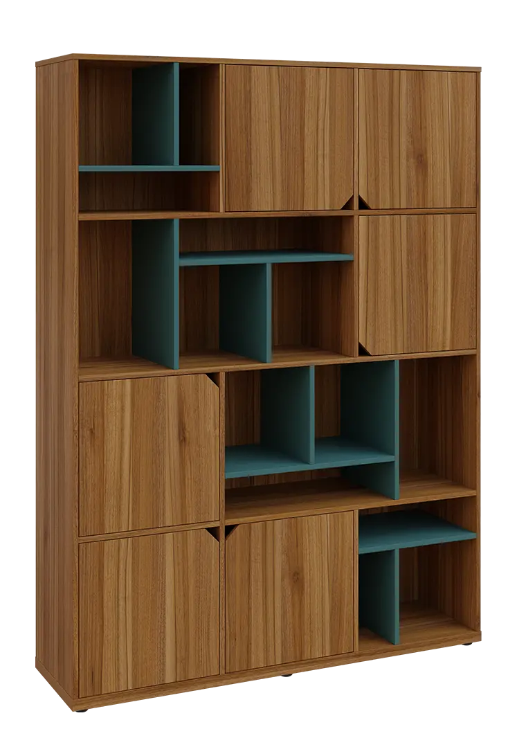 KU6-15DN P skříň vysoká 6-dvéřová, niky, 2053x1522x400 mm, provedení pravé, korpus a dvířka ořech světlý/police světle petrolejová