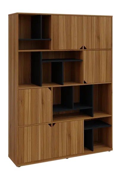 KU6-15DN P skříň vysoká 6-dvéřová, niky, 2053x1522x400 mm, provedení pravé, korpus a dvířka ořech světlý/police černá