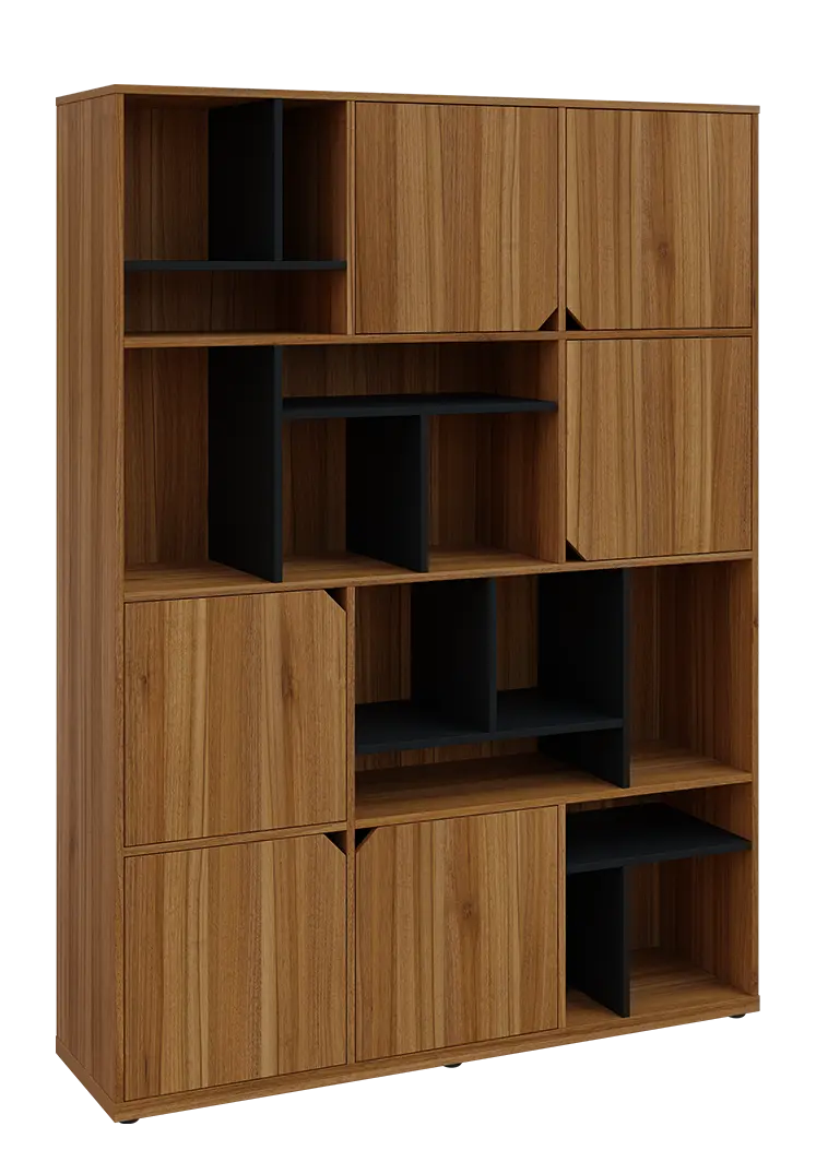 KU6-15DN P skříň vysoká 6-dvéřová, niky, 2053x1522x400 mm, provedení pravé, korpus a dvířka ořech světlý/police černá