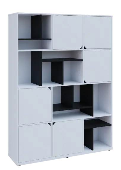 KU6-15DN P skříň vysoká 6-dvéřová, niky, 2053x1522x400 mm, provedení pravé, korpus a dvířka bílá sněžná/police černá