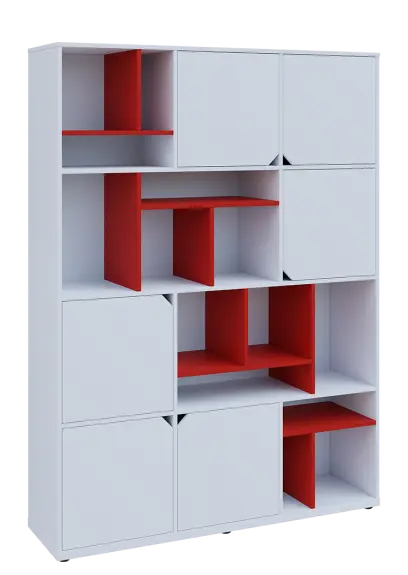 KU6-15DN P skříň vysoká 6-dvéřová, niky, 2053x1522x400 mm, provedení pravé, korpus a dvířka bílá sněžná/police červená