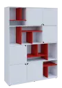KU6-15DN P skříň vysoká 6-dvéřová, niky, 2053x1522x400 mm, provedení pravé, korpus a dvířka bílá sněžná/police červená