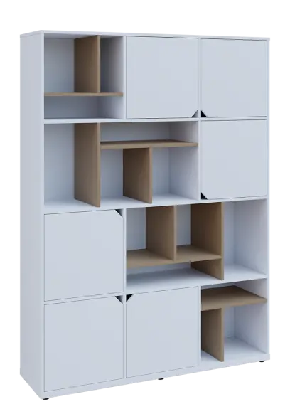 KU6-15DN P skříň vysoká 6-dvéřová, niky, 2053x1522x400 mm, provedení pravé, korpus a dvířka bílá sněžná/police latte