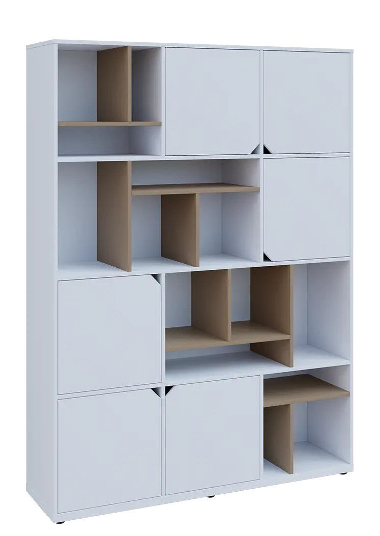 KU6-15DN P skříň vysoká 6-dvéřová, niky, 2053x1522x400 mm, provedení pravé, korpus a dvířka bílá sněžná/police latte