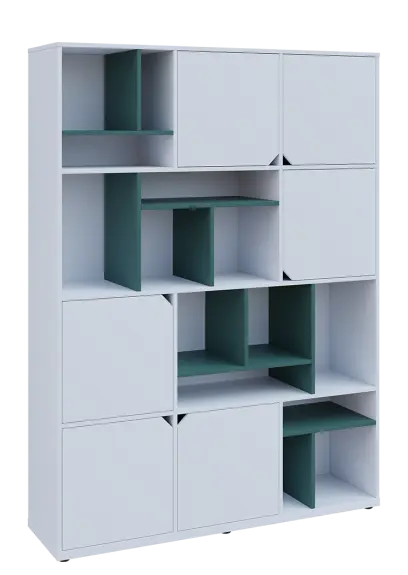 KU6-15DN P skříň vysoká 6-dvéřová, niky, 2053x1522x400 mm, provedení pravé, korpus a dvířka bílá sněžná/police světle petrolejová