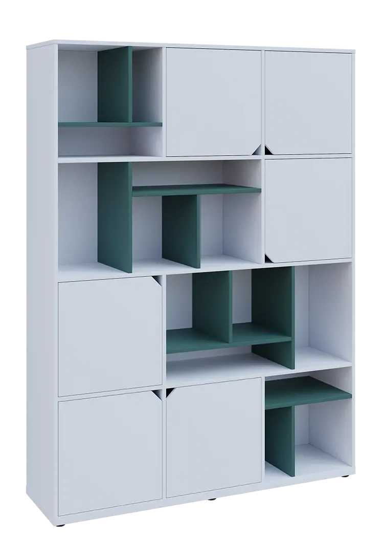 KU6-15DN P skříň vysoká 6-dvéřová, niky, 2053x1522x400 mm, provedení pravé, korpus a dvířka bílá sněžná/police světle petrolejová