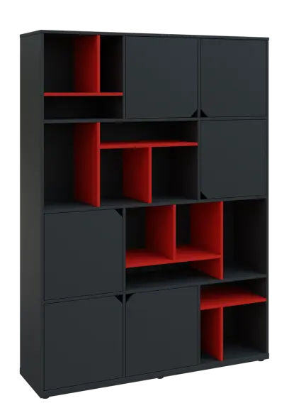 KU6-15DN P skříň vysoká 6-dvéřová, niky, 2053x1522x400 mm, provedení pravé, korpus a dvířka antracit/police červená