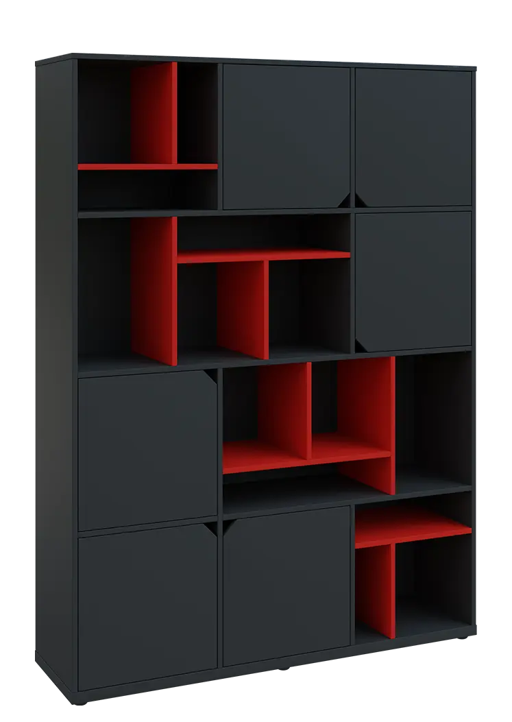 KU6-15DN P skříň vysoká 6-dvéřová, niky, 2053x1522x400 mm, provedení pravé, korpus a dvířka antracit/police červená