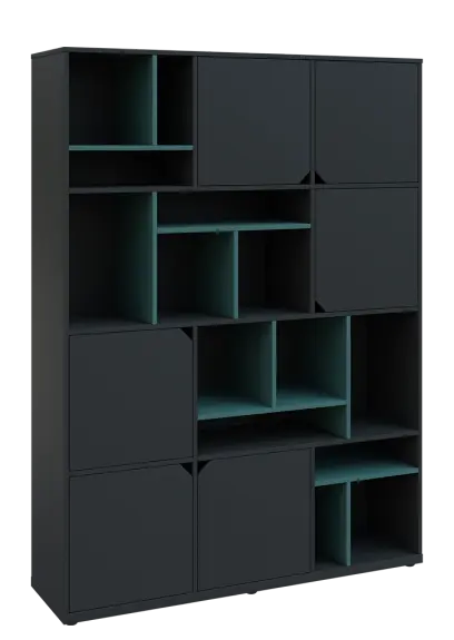 KU6-15DN P skříň vysoká 6-dvéřová, niky, 2053x1522x400 mm, provedení pravé, korpus a dvířka antracit/police světle petrolejová