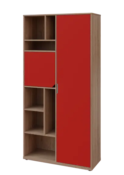 KSR6-83 L skříň šatní, 1x výsuvné ramínko, dvířka, niky, 2053x1022x400 mm, provedení levé, dub bardolino/červená