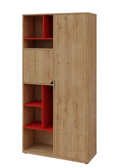 KSR6-83 L skříň šatní, 1x výsuvné ramínko, dvířka, niky, 2053x1022x400 mm, provedení levé, korpus a dvířka dub lite/police červená