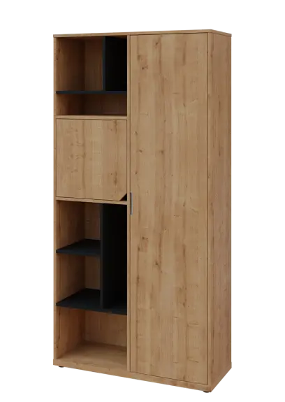 KSR6-83 L skříň šatní, 1x výsuvné ramínko, dvířka, niky, 2053x1022x400 mm, provedení levé, korpus a dvířka dub lite/police černá