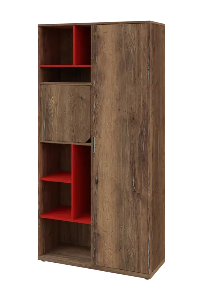 KSR6-83 L skříň šatní, 1x výsuvné ramínko, dvířka, niky, 2053x1022x400 mm, provedení levé, korpus a dvířka dub halifax cínový/police červená