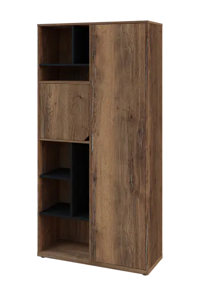 KSR6-83 L skříň šatní, 1x výsuvné ramínko, dvířka, niky, 2053x1022x400 mm, provedení levé, korpus a dvířka dub halifax cínový/police černá