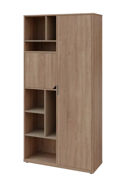 KSR6-83 L skříň šatní, 1x výsuvné ramínko, dvířka, niky, 2053x1022x400 mm, provedení levé, korpus a dvířka dub bardolino/police latte