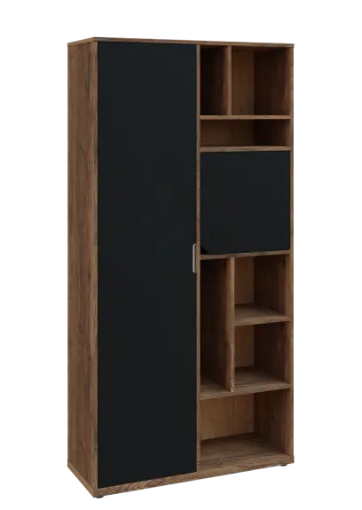 KSR6-83 P skříň šatní, 1x výsuvné ramínko, dvířka, niky, 2053x1022x400 mm, provedení pravé, dub halifax cínový/černá