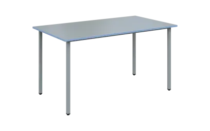 JSB 140 N jídelní stůl, kovová podnož stříbrná, deska 18 mm, deska šedá s hranou, pastelově modrá, 1394x800 mm