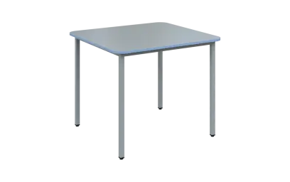JSBR 90 N jídelní stůl, kovová podnož stříbrná, deska 18 mm, deska šedá s hranou, pastelově modrá, 900x900 mm