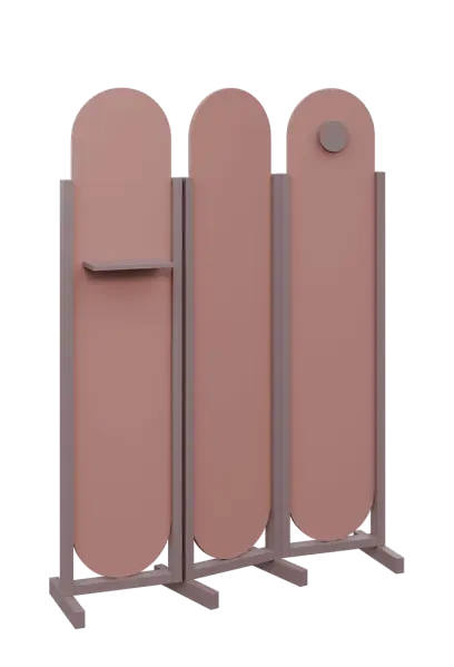 ATMOSFERE ROUND 419, dřevěný 3-dílný paraván, mobilní, výška 1900 mm, rám sandy lilac, výplň antická růžová, polička, věšák