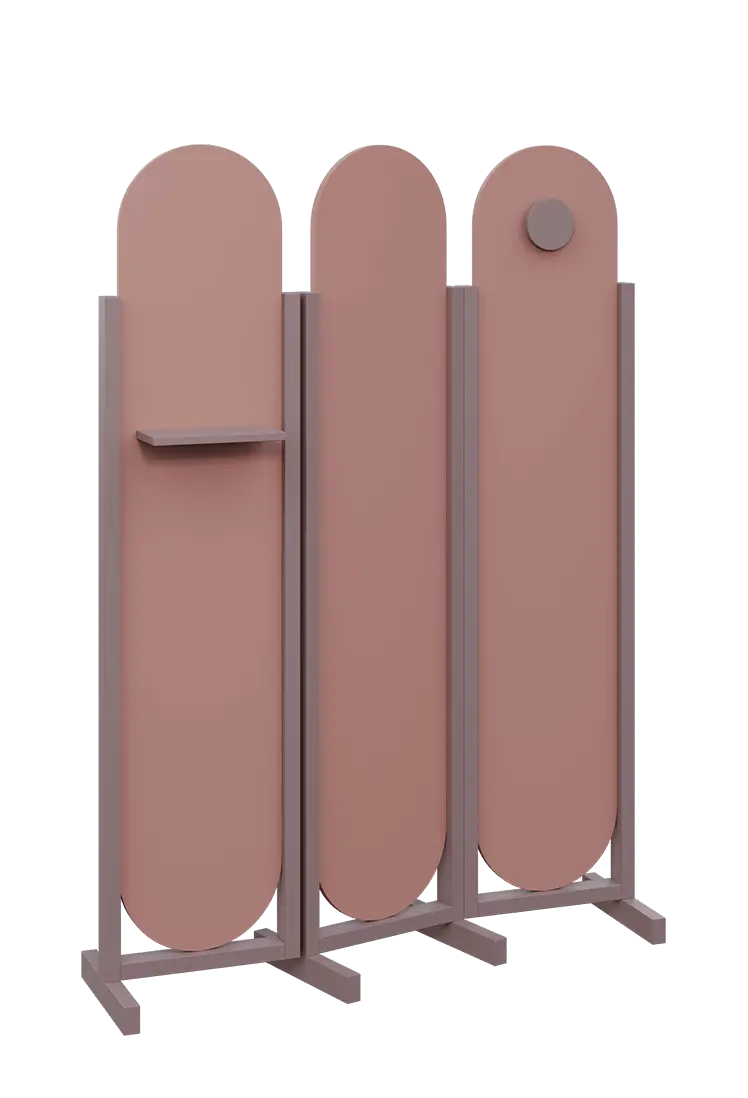 ATMOSFERE ROUND 419, dřevěný 3-dílný paraván, mobilní, výška 1900 mm, rám sandy lilac, výplň antická růžová, polička, věšák