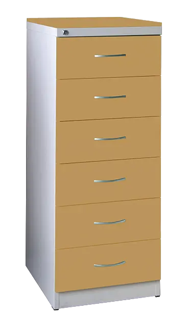 KRD - A5 NEW kovová kartotéka s dřevěnými čely A5, 6-zásuvková, centrální zámek, korpus šedý/deska, čílka karamelová