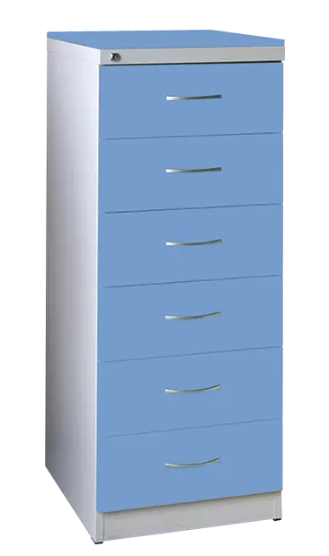 KRD - A5 NEW kovová kartotéka s dřevěnými čely A5, 6-zásuvková, centrální zámek, korpus šedý/deska, čílka pastelově modrá