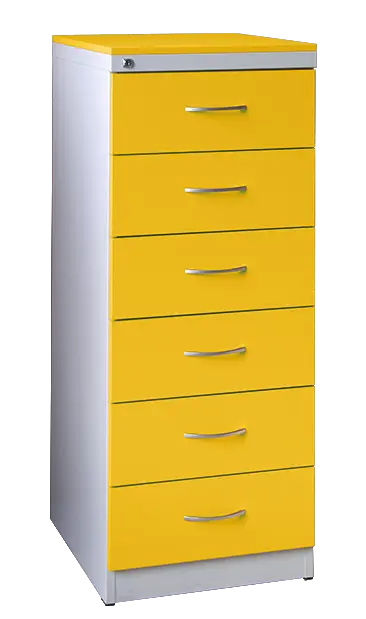 KRD - A5 NEW kovová kartotéka s dřevěnými čely A5, 6-zásuvková, centrální zámek, korpus šedý/deska, čílka žlutá odio