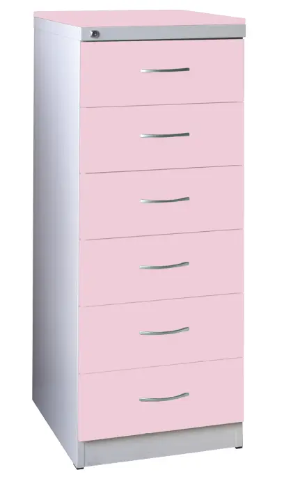 KRD - A5 NEW kovová kartotéka s dřevěnými čely A5, 6-zásuvková, centrální zámek, korpus šedý/deska, čílka pastelově růžová