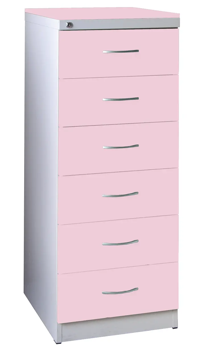 KRD - A5 NEW kovová kartotéka s dřevěnými čely A5, 6-zásuvková, centrální zámek, korpus šedý/deska, čílka pastelově růžová