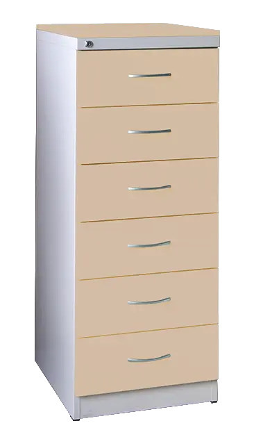 KRD - A5 NEW kovová kartotéka s dřevěnými čely A5, 6-zásuvková, centrální zámek, korpus šedý/deska, čílka latte