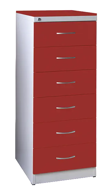 KRD - A5 NEW kovová kartotéka s dřevěnými čely A5, 6-zásuvková, centrální zámek, korpus šedý/deska, čílka červená flamengo
