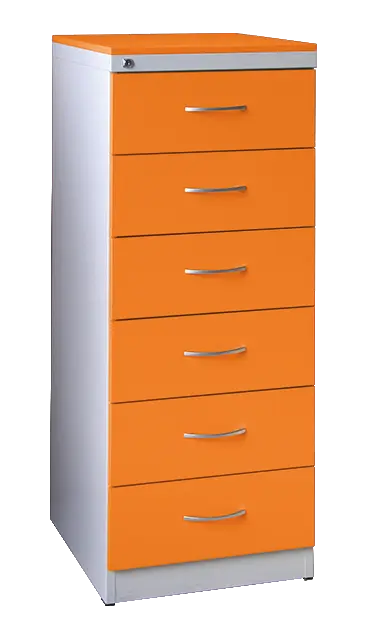 KRD - A5 NEW kovová kartotéka s dřevěnými čely A5, 6-zásuvková, centrální zámek, korpus šedý/deska, čílka pomeranč
