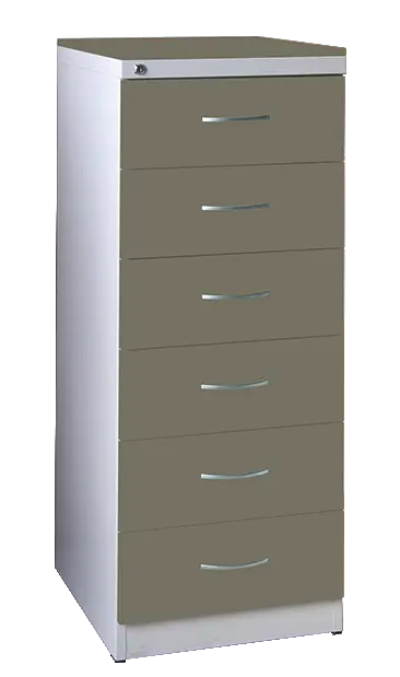 KRD - A5 NEW kovová kartotéka s dřevěnými čely A5, 6-zásuvková, centrální zámek, korpus šedý/deska, čílka tmavá oliva