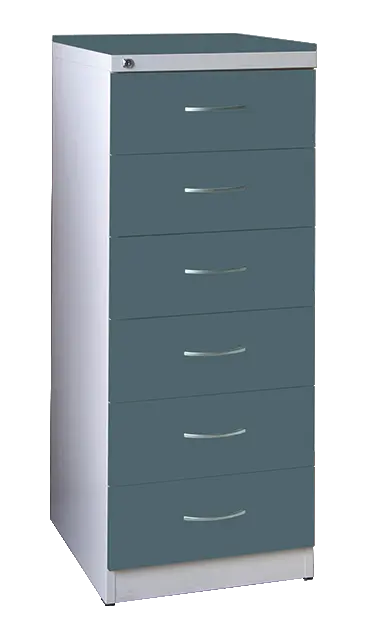 KRD - A5 NEW kovová kartotéka s dřevěnými čely A5, 6-zásuvková, centrální zámek, korpus šedý/deska, čílka světle petrolejová