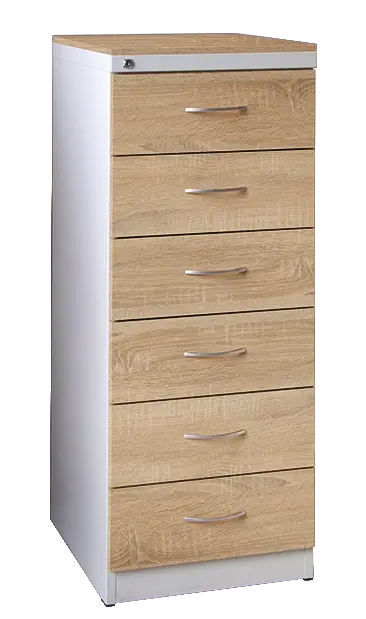 KRD - A5 NEW kovová kartotéka s dřevěnými čely A5, 6-zásuvková, centrální zámek, korpus šedý/deska, čílka dub bardolino