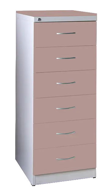 KRD - A5 NEW kovová kartotéka s dřevěnými čely A5, 6-zásuvková, centrální zámek, korpus šedý/deska, čílka pudrově růžová