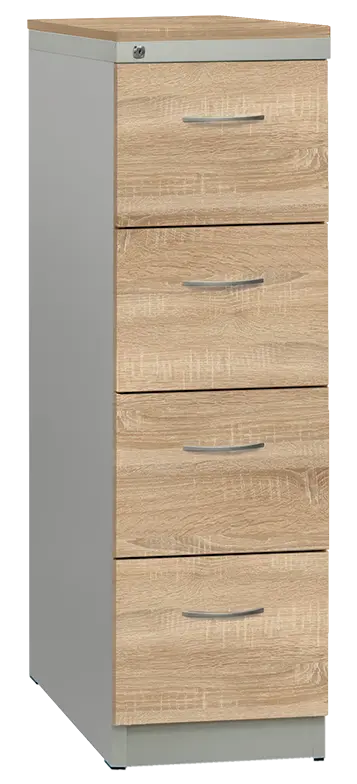 KRD 4 NEW kovová kartotéka s dřevěnými čely A4, 4-zásuvková, centrální zámek, korpus šedý/deska, čílka dub bardolino