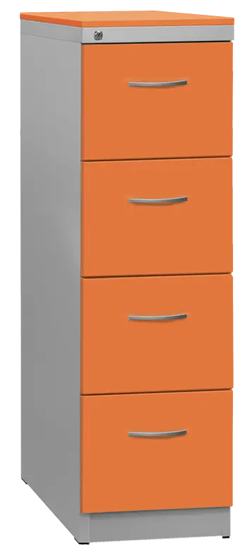 KRD 4 NEW kovová kartotéka s dřevěnými čely A4, 4-zásuvková, centrální zámek, korpus šedý/deska, čílka pomeranč
