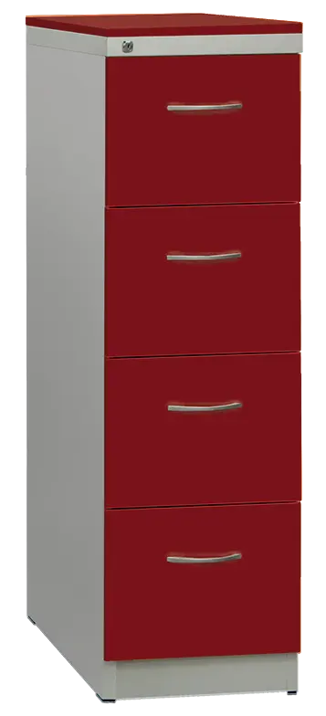 KRD 4 NEW kovová kartotéka s dřevěnými čely A4, 4-zásuvková, centrální zámek, korpus šedý/deska, čílka burgundská