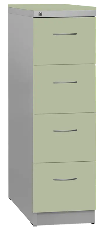 KRD 4 NEW kovová kartotéka s dřevěnými čely A4, 4-zásuvková, centrální zámek, korpus šedý/deska, čílka šedo-zelinkavá