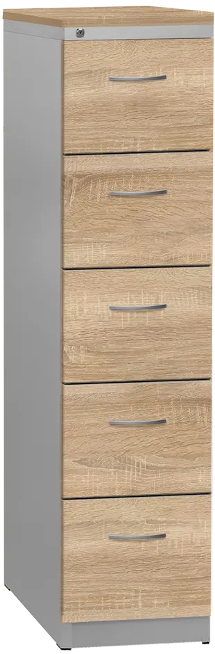 KRD 5 NEW kovová kartotéka s dřevěnými čely A4, 5-zásuvková, centrální zámek, korpus šedý/deska, čílka dub bardolino