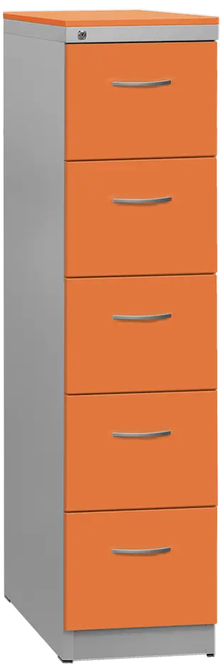 KRD 5 NEW kovová kartotéka s dřevěnými čely A4, 5-zásuvková, centrální zámek, korpus šedý/deska, čílka pomeranč