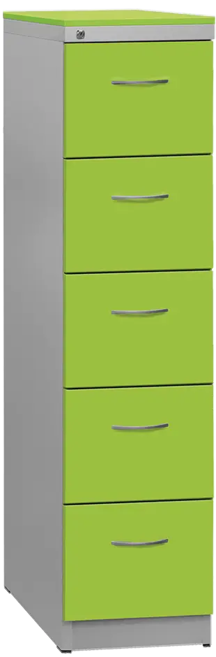 KRD 5 NEW kovová kartotéka s dřevěnými čely A4, 5-zásuvková, centrální zámek, korpus šedý/deska, čílka jarní zeleň