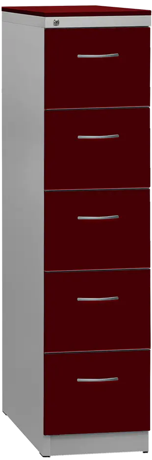 KRD 5 NEW kovová kartotéka s dřevěnými čely A4, 5-zásuvková, centrální zámek, korpus šedý/deska, čílka burgundská