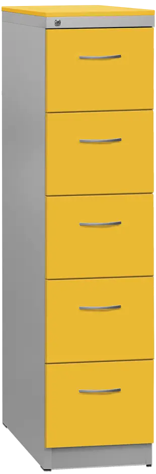 KRD 5 NEW kovová kartotéka s dřevěnými čely A4, 5-zásuvková, centrální zámek, korpus šedý/deska, čílka žlutá odio