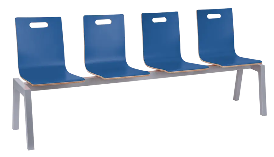 MEGAN 4, dřevěná lavice do čekárny, 4-sedák, modrá, kostra stříbrná