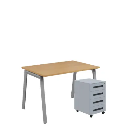 SET-AK 328 stůl kancelářský, kovová podnož stříbrná + kontejner pojízdný, 4-zásuvkový, ořech královský